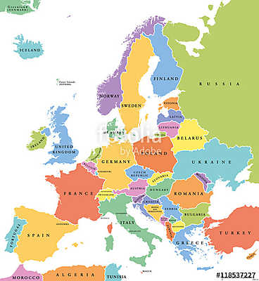 Európa egyetlen állam politikai térképe. Minden ország különböző (keretezett kép) - vászonkép, falikép otthonra és irodába