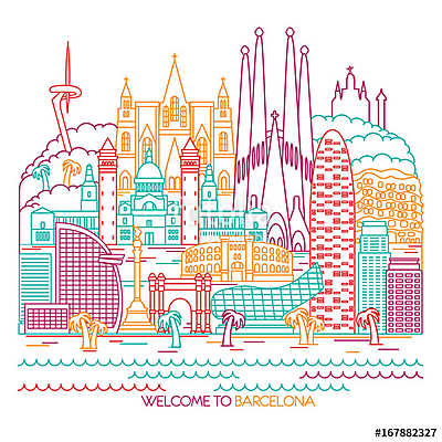 Barcelona skyline detailed silhouette. Vector line illustration (fotótapéta) - vászonkép, falikép otthonra és irodába