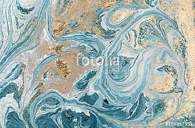 Marble abstract acrylic background. Blue marbling artwork texture. Golden glitter. (poszter) - vászonkép, falikép otthonra és irodába