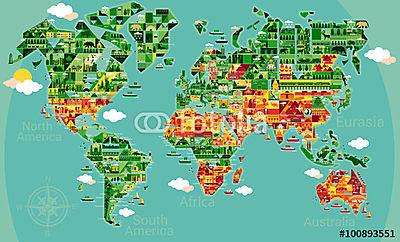 Karikatúra világtérkép (többrészes kép) - vászonkép, falikép otthonra és irodába
