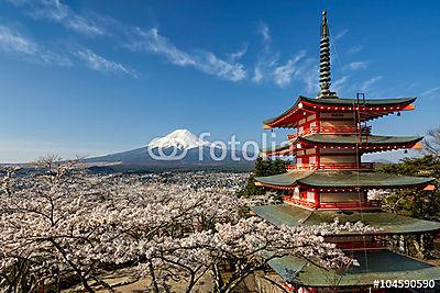 Mount Fuji pagoda és cseresznyefákkal, Japánban (keretezett kép) - vászonkép, falikép otthonra és irodába