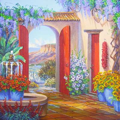 Mediterrán kert kilátással (olajfestmény reprodukció) (többrészes kép) - vászonkép, falikép otthonra és irodába