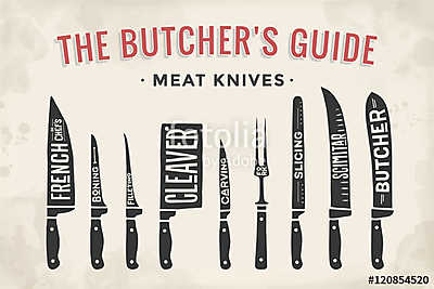 Meat cutting knives set. Poster Butcher diagram and scheme (bögre) - vászonkép, falikép otthonra és irodába