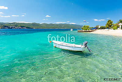 blue adriatic sea with boat on Peljesac peninsula in Dalmatia, Croatia (bögre) - vászonkép, falikép otthonra és irodába