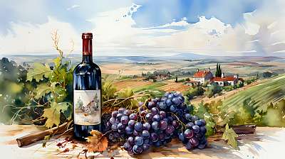 Szőlő borral és őszi tájképpel 4. (vizfesték effekt) (keretezett kép) - vászonkép, falikép otthonra és irodába