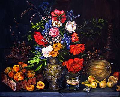 Eredeti gouache festés papíron Gyümölcsök és virágok (bögre) - vászonkép, falikép otthonra és irodába