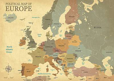 Európa nagyvárosa térképe - Vintage texture - English / US langu (keretezett kép) - vászonkép, falikép otthonra és irodába