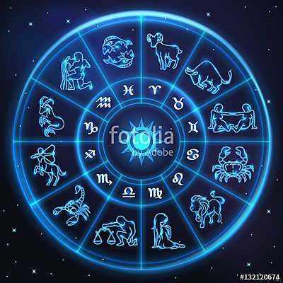 Light symbols of zodiac and horoscope circle, astrology (keretezett kép) - vászonkép, falikép otthonra és irodába