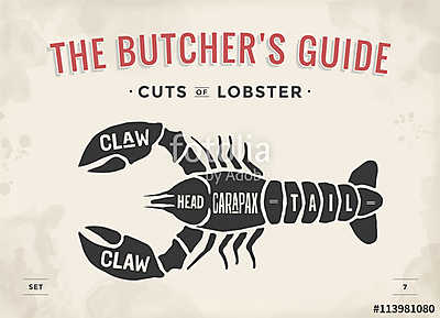 Cut of meat set. Poster Butcher diagram and scheme - Lobster. Vi (bögre) - vászonkép, falikép otthonra és irodába