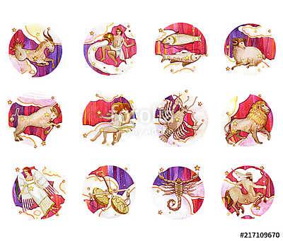 Set of twelve signs of the zodiac, watercolor in retro style. Is (keretezett kép) - vászonkép, falikép otthonra és irodába