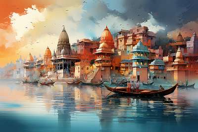 Ősi Varanasi város naplementében a Gangesz mellett Indiában (vízfesték effekt) (bögre) - vászonkép, falikép otthonra és irodába