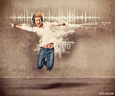 boy with headphones jumping - guy 04 (keretezett kép) - vászonkép, falikép otthonra és irodába