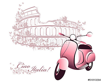 Ciao Italia - Vespa és a Colosseum - rózsaszín (fotótapéta) - vászonkép, falikép otthonra és irodába