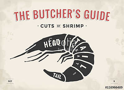 Cut of meat set. Poster Butcher diagram and scheme - Shrimp (keretezett kép) - vászonkép, falikép otthonra és irodába