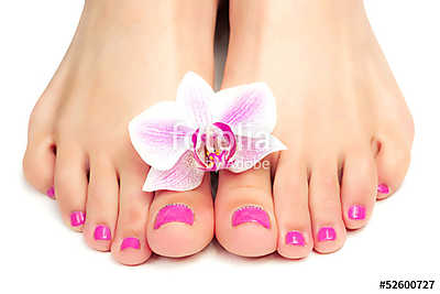 pink pedicure with a orchid flower (poszter) - vászonkép, falikép otthonra és irodába