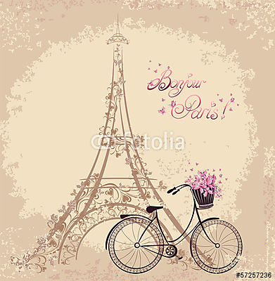 Bonjour Párizs Eiffel-torony és kerékpár - vintage (bögre) - vászonkép, falikép otthonra és irodába