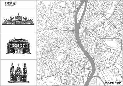 Budapest city map with hand-drawn architecture icons (keretezett kép) - vászonkép, falikép otthonra és irodába