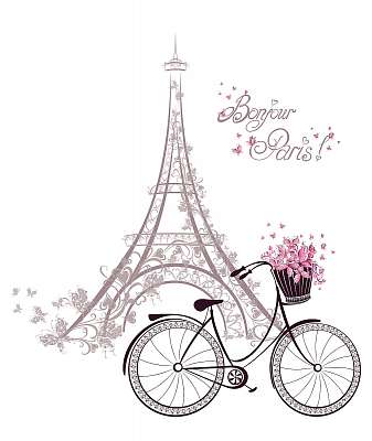 Bonjour Párizs Eiffel-torony és kerékpár - rajz (többrészes kép) - vászonkép, falikép otthonra és irodába