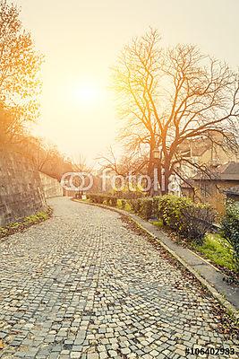 Régi utca napfényben, Buda vár közelében, Budapest Télen, Hu (fotótapéta) - vászonkép, falikép otthonra és irodába