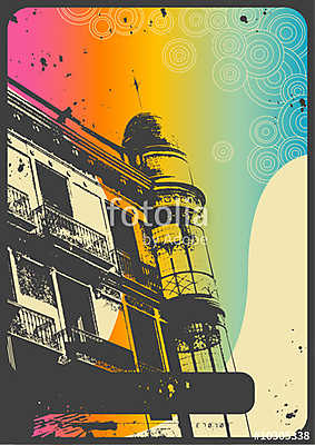 retro romantic urban background with rainbow flow (bögre) - vászonkép, falikép otthonra és irodába