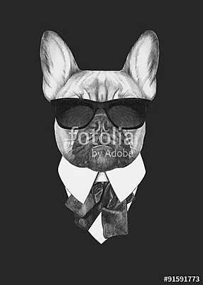 Portrait of French Bulldog in suit. Hand drawn illustration. (többrészes kép) - vászonkép, falikép otthonra és irodába
