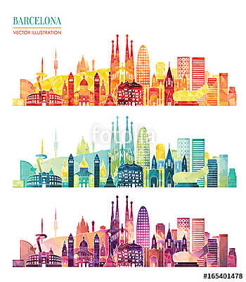 Barcelona skyline detailed silhouette. Travel and tourism backgr (többrészes kép) - vászonkép, falikép otthonra és irodába