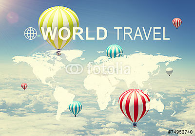 World Travel - világtérkép hőlégballonokkal (keretezett kép) - vászonkép, falikép otthonra és irodába