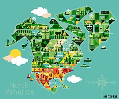 Észak-Amerika karikatúra térképe (többrészes kép) - vászonkép, falikép otthonra és irodába