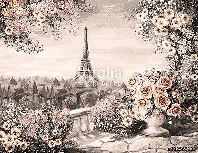 Rózsák és tenger Eiffel torony színverzió 2 szépia (olajfestmény reprodukció) (keretezett kép) - vászonkép, falikép otthonra és irodába