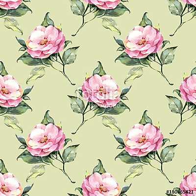 Floral pattern. Pink watercolor flowers on green background 22 (keretezett kép) - vászonkép, falikép otthonra és irodába