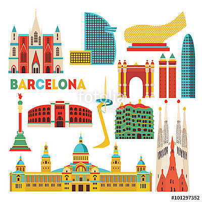 Barcelona  detailed monuments. Vector illustration (vászonkép óra) - vászonkép, falikép otthonra és irodába