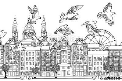 Birds over Budapest - hand drawn black and white illustration of (többrészes kép) - vászonkép, falikép otthonra és irodába