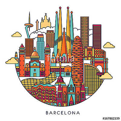 Barcelona skyline detailed silhouette. Vector line illustration (többrészes kép) - vászonkép, falikép otthonra és irodába