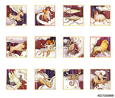 Set of twelve signs of the zodiac, watercolor in retro style. Is (fotótapéta) - vászonkép, falikép otthonra és irodába