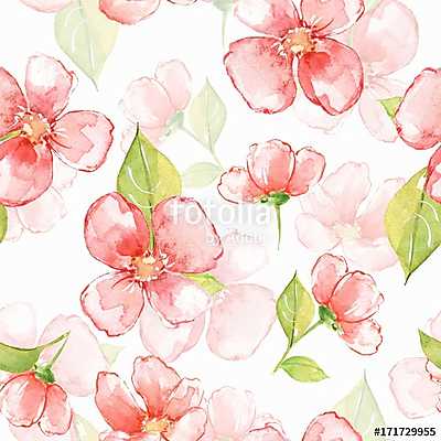 Floral seamless pattern. Watercolor background with red flowers (fotótapéta) - vászonkép, falikép otthonra és irodába