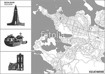 Reykjavik city map with hand-drawn architecture icons (keretezett kép) - vászonkép, falikép otthonra és irodába