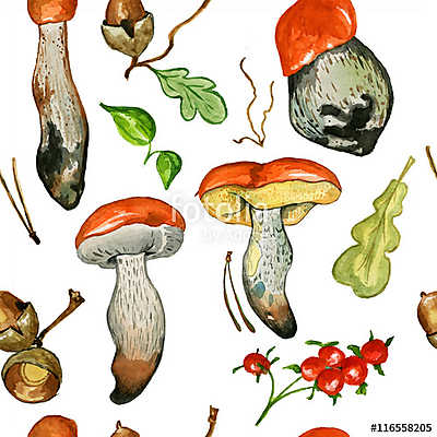 Seamless pattern with wild mushrooms. Hand drawn watercolor pain (többrészes kép) - vászonkép, falikép otthonra és irodába