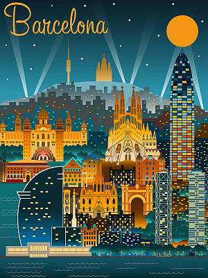 Barcelona at night. Handmade drawing vector illustration.  (többrészes kép) - vászonkép, falikép otthonra és irodába