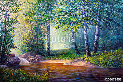 landscape painting of waterfall (többrészes kép) - vászonkép, falikép otthonra és irodába