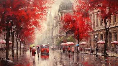 Budapest utcakép őszi esős időben esernyővel sétáló emberekkel 2. (festmény effekt) (bögre) - vászonkép, falikép otthonra és irodába