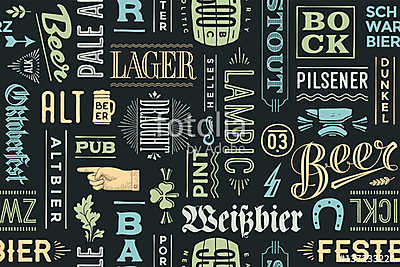 Seamless pattern with types of beer and hand drawn lettering for (fotótapéta) - vászonkép, falikép otthonra és irodába