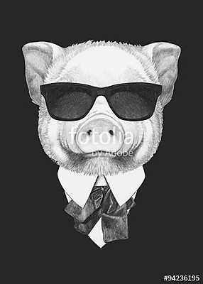 Portrait of Piggy in suit. Hand drawn illustration. (keretezett kép) - vászonkép, falikép otthonra és irodába