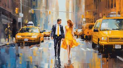 New York-i utca elegáns párral és sárga taxikkal (festmény effekt) (fotótapéta) - vászonkép, falikép otthonra és irodába