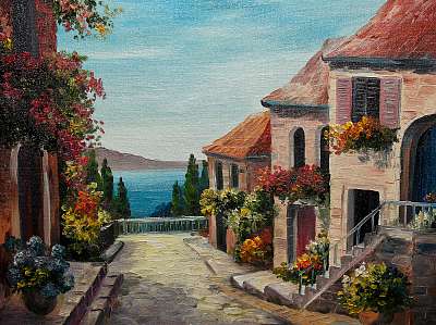 Mediterán utcakép tengeri kilátással (festmény) (fotótapéta) - vászonkép, falikép otthonra és irodába