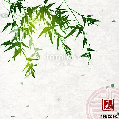 Zöld bambusz kézzel készített rizspapír háttérrel. Hagyományos o (fotótapéta) - vászonkép, falikép otthonra és irodába
