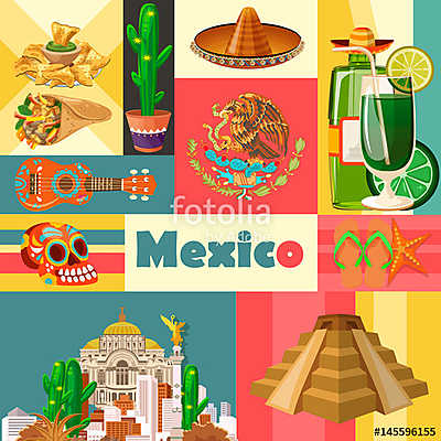 Vector színes kártya Mexikóról. Utazás plakát mexikói it (poszter) - vászonkép, falikép otthonra és irodába