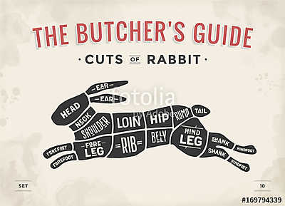 Cut of meat set. Poster Butcher diagram, scheme - Rabbit. Vintag (keretezett kép) - vászonkép, falikép otthonra és irodába