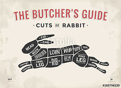 Cut of meat set. Poster Butcher diagram, scheme - Rabbit. Vintag (vászonkép óra) - vászonkép, falikép otthonra és irodába