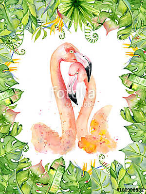 Pink flamingo watercolor hand drawn illustration in arrangement  (fotótapéta) - vászonkép, falikép otthonra és irodába