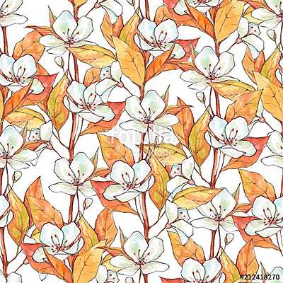 Seamless pattern with white flowers and yellow leaves. Floral ba (keretezett kép) - vászonkép, falikép otthonra és irodába